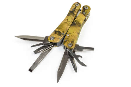 Multi-tool with folding mechanism in balisong-style, folded handles and open different tools on a...