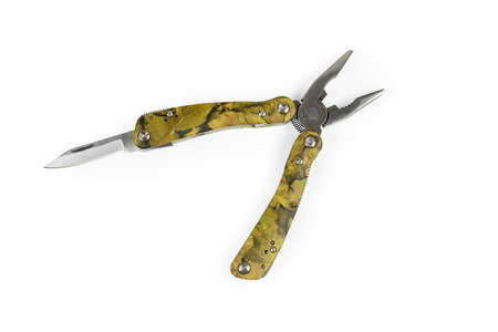 Multi-tool with folding mechanism in balisong-style and open pliers and knife on a white background,...