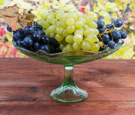 Clusters of ripe table blue grapes and white seedless sultana grapes in the vintage green glass vase for fruits on the rustic table on a blurred backgroundの写真素材