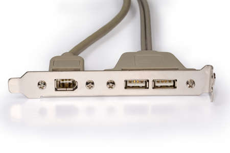 Computer back bracket with coupled connectors and cables for connecting external devices on a white...