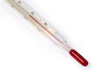 Bottom part of laboratory alcohol glass thermometer with Celsius units scale on a white background...