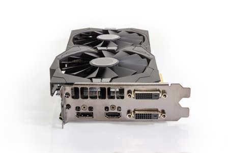 High performance graphics card with two fans for used in desktop computers. View from the side of...