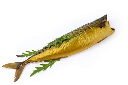 Smoked Atlantic mackerel without head with fresh arugula leaves on a white backgroundの写真素材