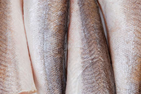 Defrosted uncooked carcasses of Argentine hake cleaned from fish scales, fragment top view close-up, backgroundの写真素材