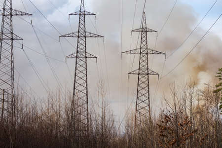 Overhead power lines over the forest clearing against the sky is covered with smoke from the fire