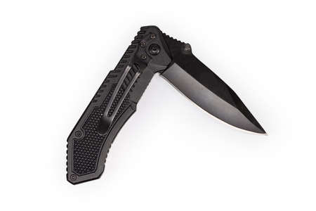 Pocket knife with partly open pivoted locking blade and black handle on a white background, top viewの写真素材