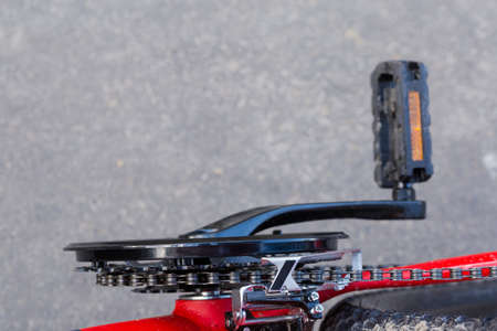 Crankset and pedal assembly, front chainrings and gear change mechanism of modern bicycle, top view...