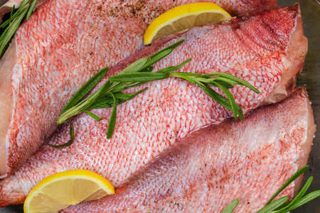 Raw redfish carcasses without heads, also known as ocean perch, prepared with spices for baking, top view close-upの写真素材