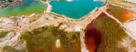 Colored lakes among the old waste rock dumps arisen on the site of the abandoned ilmenite quarry, vertical panoramic aerial viewの写真素材