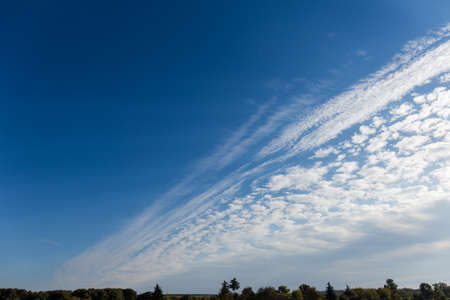 Section of the dark blue sky with cirrus clouds over the terrain overgrown with trees
