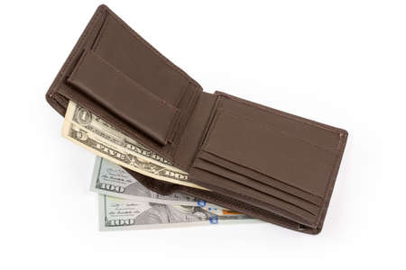 Open classic brown leather men's wallet with coin purse, several compartments for cards and several...