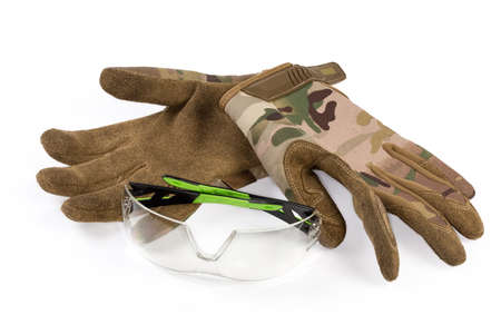 Ballistic protective eyewear and pair of the tactical military gloves made with textile and leathern...