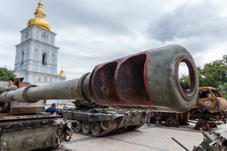 KYIV, UKRAINE - June 23, 2022: Exposition of Russian military equipment destroyed in Russian...