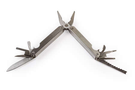 Multi-tool with metal handles and partly open different tools on a white background