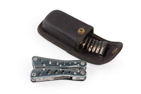 Folded multi-tool with metal handles and his open case on a white background