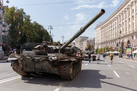 Kyiv, Ukraine - August 22, 2022: Exposition of Russian military equipment destroyed during hostilities in Russian invasion of Ukraine, wrecked battle tankのeditorial素材