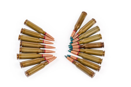 Tracer service rifle cartridges with green marking of the bullet tips and the conventional...