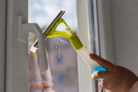 Domestic plastic scraper with inbuilt spray bottle for flat glass surfaces cleaning in hand during a...