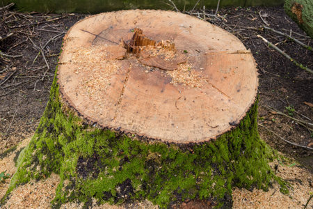 Wet stump of the freshly sawn old thick ash tree with growth rings, chainsaw traces and sawdust, close-up in overcast rainy weatherの写真素材