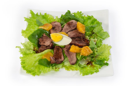 Salad made with boiled duck meat, egg, orange slices and different greens on a square dish on a white backgroundの写真素材
