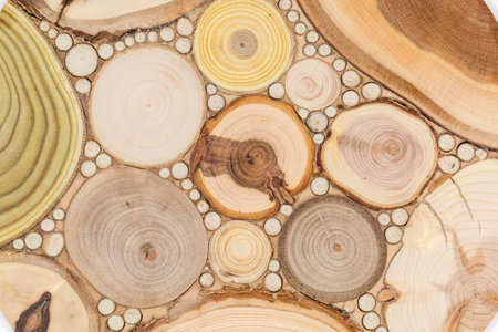 Kitchen stand under the hot, made of wood pieces obtained from cross sections of trunks and branches of different thicknesses and textures, top view of fragment close-upの写真素材