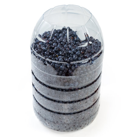 Freshly harvested wild bilberries in the plastic transparent container on a white backgroundの写真素材