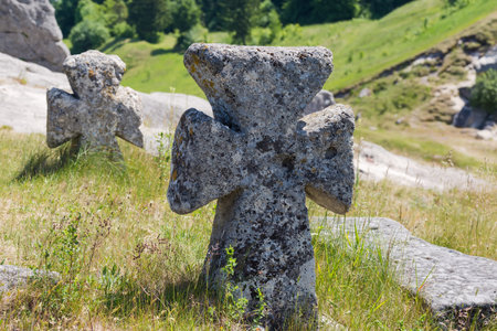 Old stone crosses on the medieval Cossack graves on the hill overgrown with grass in sunny day. Pidkamin village, Ukraineの写真素材