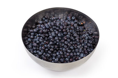 Freshly harvested wild bilberries in the big metal bowl on a white backgroundの写真素材