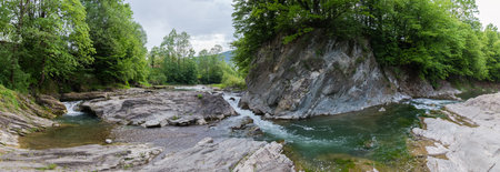 Section of the mountain river bend with waterfall and forest on the banks at spring evening, wide panoramic viewの写真素材