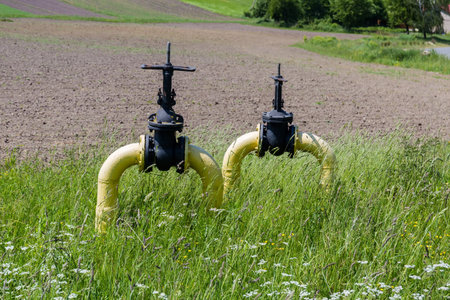 Two valves of the outdoor stop valving on the metal pipes painted yellow of the underground natural gas pipeline among the grass on a field in sunny dayの写真素材