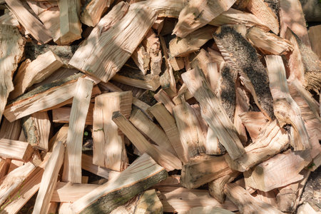 Heap of the firewood as the cut and split ash tree trunks and thick branches, fragment close-up in sunny day partly in shadeの写真素材