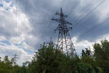 Overhead power lines with steel lattice transmission towers over the trees on a background of a cloudy skyの写真素材