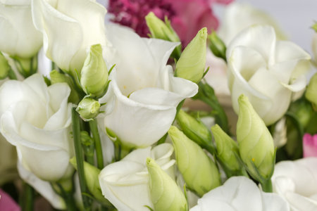 White flowers and flower buds of the eustoma among the other flowers in the bouquet, fragment close-upの写真素材