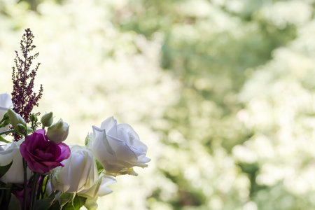 Part of the bouquet of the roses and eustoma located on the left and below on a light green blurred background with empty centerの写真素材