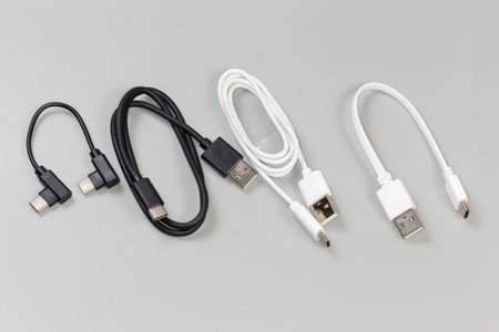 Different black and white USB cables with plugs standard A and standard C at the cables ends on a gray backgroundの写真素材