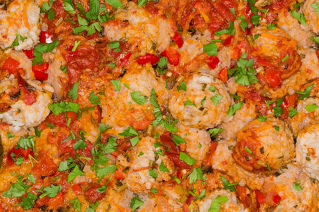 Rice meatballs stewed with red tomato sauce sprinkled with chopped fresh parsley, top view of fragment close-upの写真素材