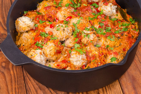 Rice meatballs stewed with red tomato sauce in the deep frying pan on the rustic table, close-upの写真素材