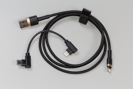 Cables with plugs USB Type-A and Type-C at the one edge and Lightning plugs at the other edges on a gray backgroundの写真素材