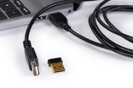 USB extension cable of Standard-A, connected to the laptop, USB device separately beside on a white background, view close-up in selective focusの写真素材