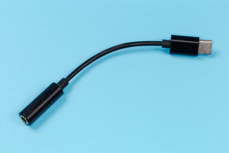 Short adapter cable with USB Type-C plug and analog audio receptacle mini Jack at the edges on a blue surfaceの写真素材