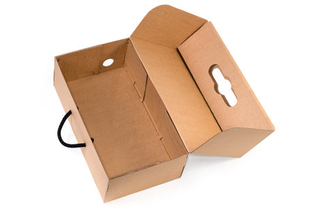 Open brown cardboard packaging shoes box with rope handle on a white background, top viewの写真素材