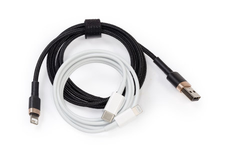 Two coiled cables with plugs USB Type-A and Type-C at the one edge and Lightning at the second edges on a white backgroundの写真素材