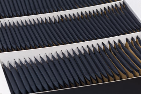 Open paperboard box of the bags of the black tea in small black paper packages, fragment close-up in...