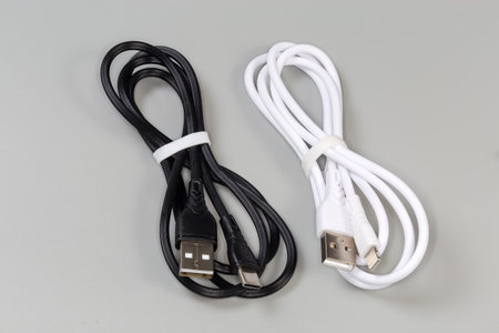 Two cables with plugs USB Type-A at the one edge and plugs USB Type-C and Lightning at the other...