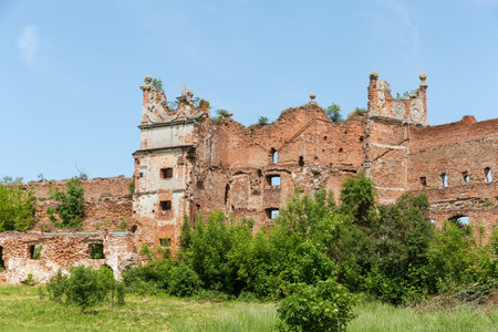 Ruins of the brick defense tower and wall of the mediaeval castle overgrown with different shrubs in Stare Selo village, Ukraine. View from the inner courtyard sideのeditorial素材