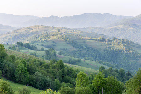 Mountain ridge with mountain meadows, trees and bushes on a foreground against the other distant ridges in spring sunny morning in Carpathian Mountainsの写真素材