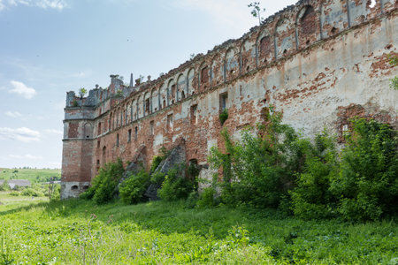 Ancient defense castle of the 15-17th centuries in Stare Selo village, Ukraine. View from the outside of tower and part of the northeastern wall in spring dayの写真素材