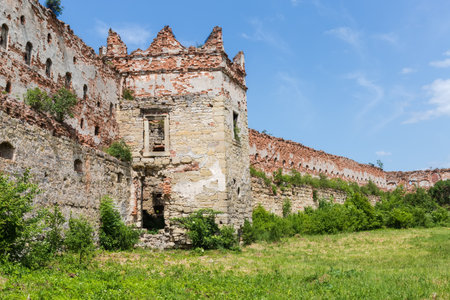 Ruins of the brick defense tower and wall of the mediaeval castle overgrown with different shrubs in Stare Selo village, Ukraine. Panoramic view from the inner courtyard sideの写真素材