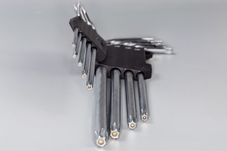 Set of L-keys of different sizes with 6-point star-shaped tips with holes, also known as hexalobular internalonas, as official name on a gray surface, close-up in selective focusの写真素材