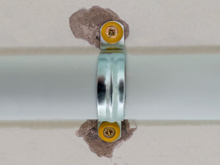 Plastic pipe, as duct for pulling of communication cables fixed to a concrete wall with metal pipe clamp and screws indoorの写真素材